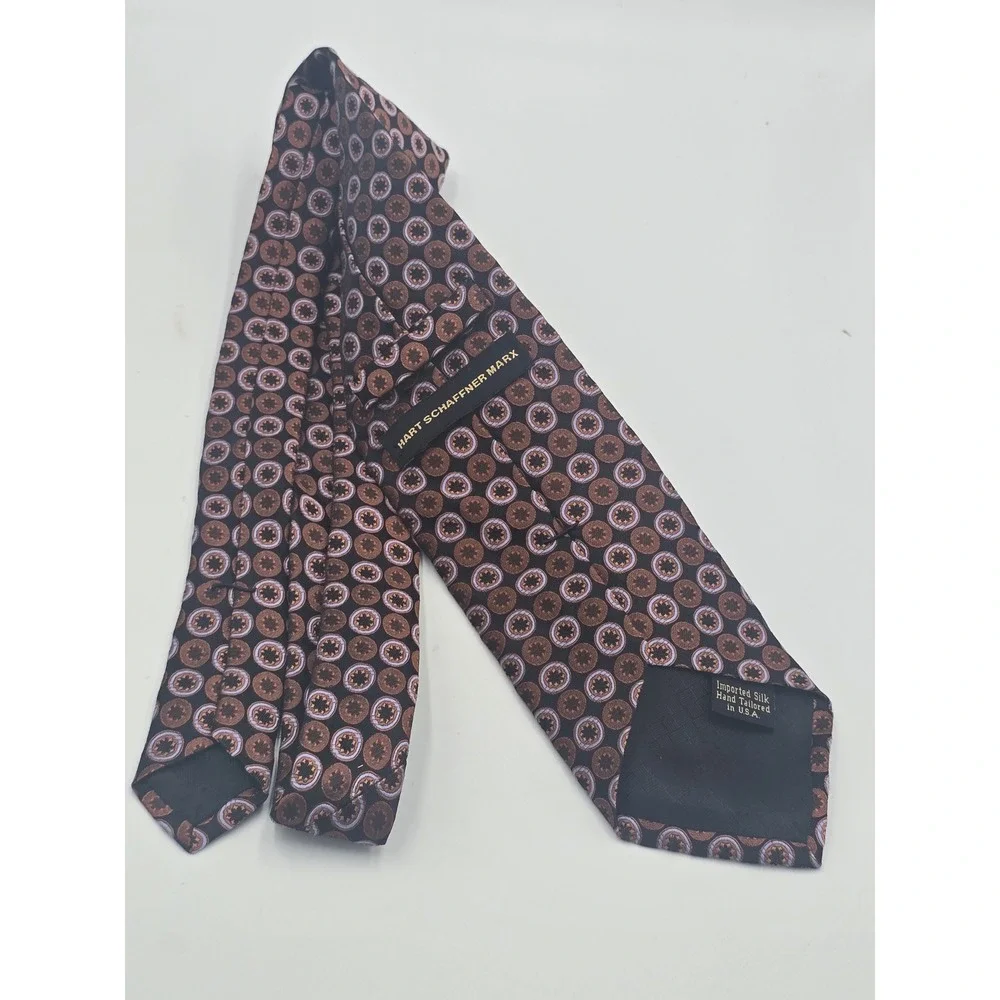 Hart Schaffner Marx Mens Silk Tie Brown Bronze Lavender Medallion Geometric USA